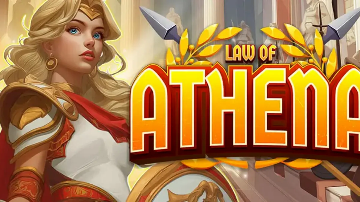 Cena do jogo Law of Athena com a deusa e elementos mitológicos