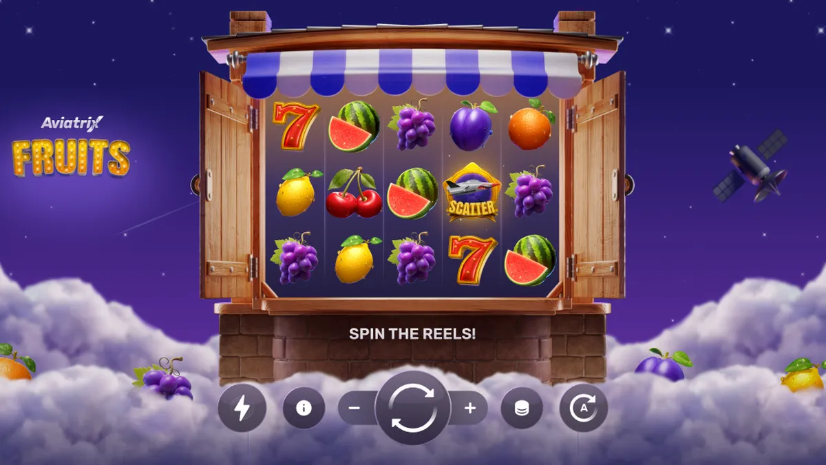 Interface do jogo Aviatrix Fruits mostrando símbolos de frutas e elementos de aviação
