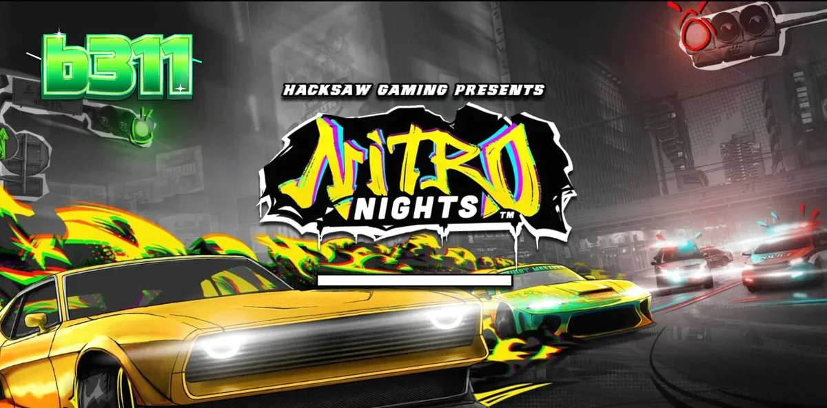 Interface de jogo do slot Nitro Nights com tema de corrida urbana e luzes neon